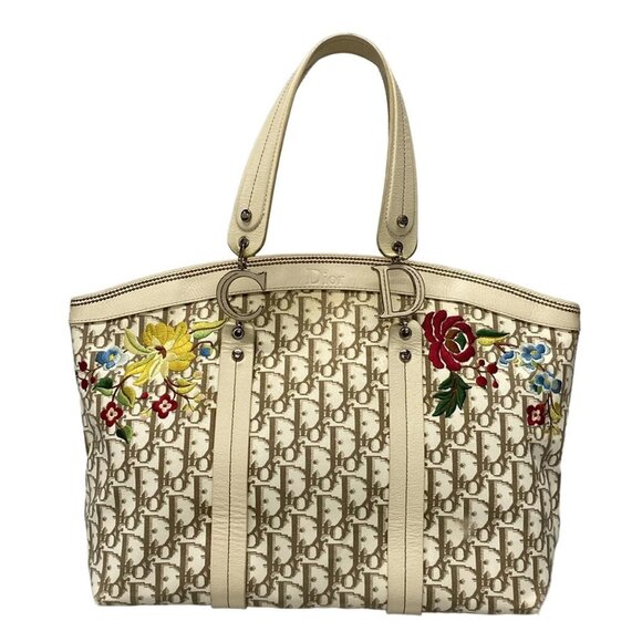 Auth DIOR/ChristianDior Flower/Trotter Cream Brown Cotton Leather Tote Bag - Picture 1 of 16
